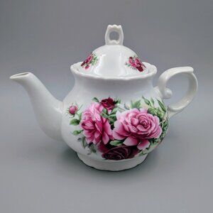 Floral Porcelain Teapot with Pink and Burgundy Cabbage Rose Bouquet